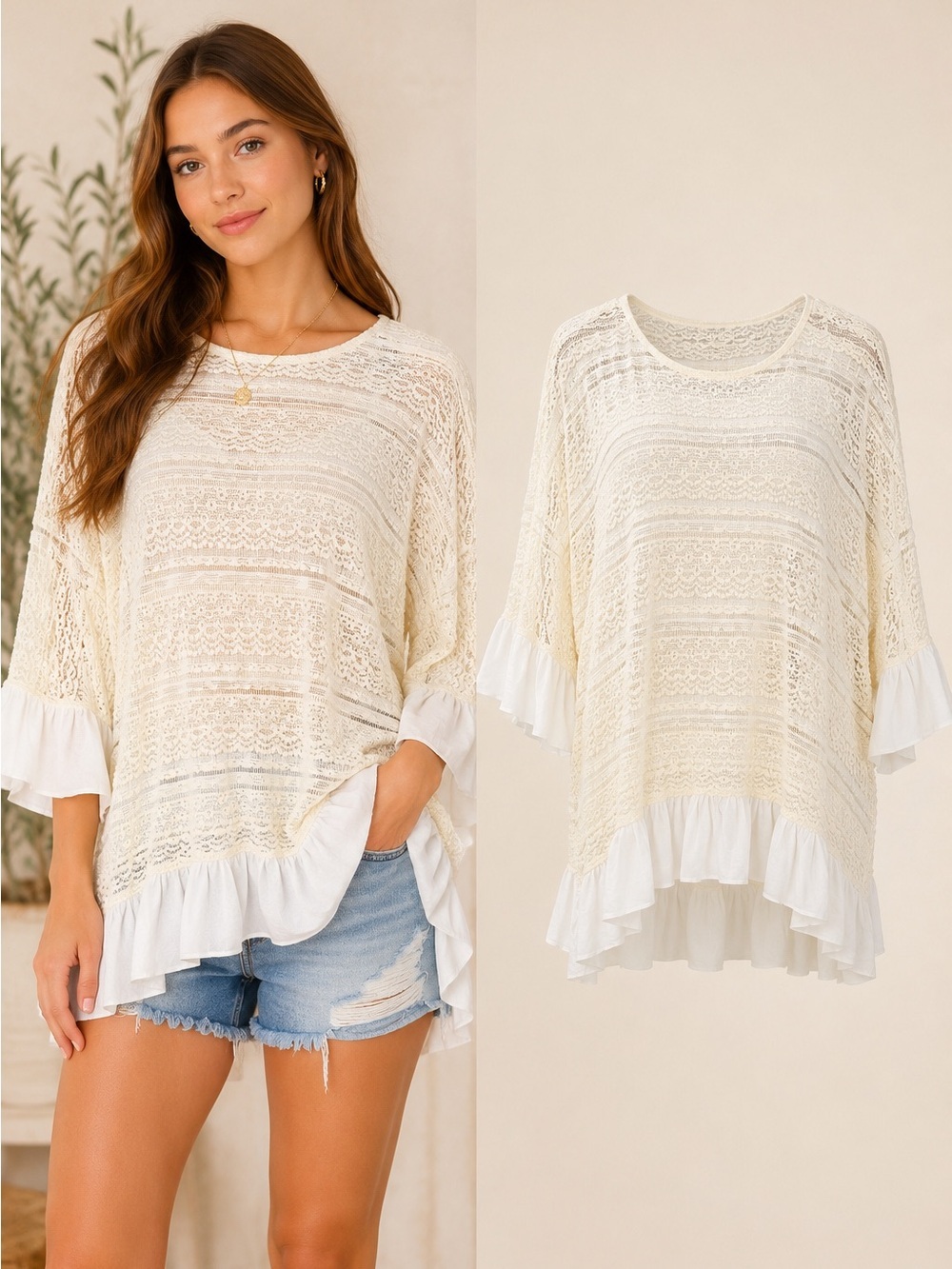 Umgee Cream | Lace Crochet Boho Tunic Top Ruffle Hem | Oversized Large